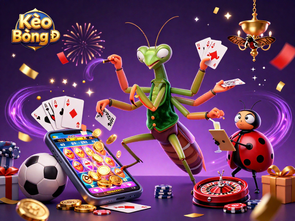 Kèo Bóng Đá highlights dynamic sports betting with a cartoon mantis dealer and pit boss in a vibrant casino.