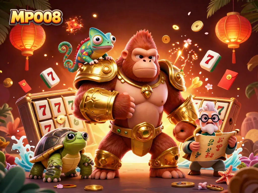 Experience thrilling gameplay with MPO08 as a gorilla king celebrates victory in a vibrant, colorful casino scene.