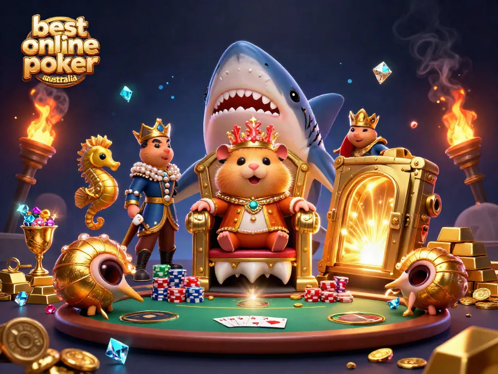 Play exciting games at the best online poker Australia featuring a golden hamster king and royal poker elements.