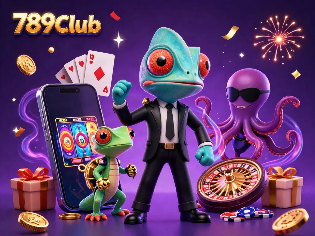 Experience the excitement of 789CLub with a thrilling 3D casino scene featuring colorful games and captivating characters.