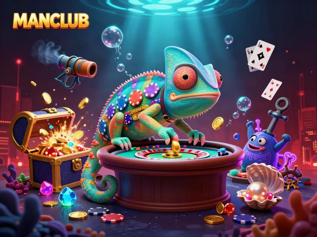 Engage with MANCLUB's vibrant casino scene featuring a chameleon owner and underwater treasures.