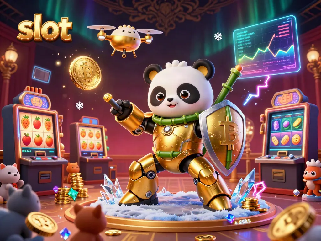 Engage with captivating slot machines as a golden panda battles in a dynamic 3D digital art scene.