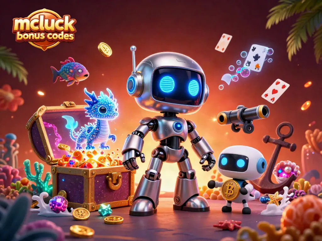 Engage with mcluck casino bonus codes through this vibrant 3D illustration showcasing a cyberpunk robot and gaming elements.
