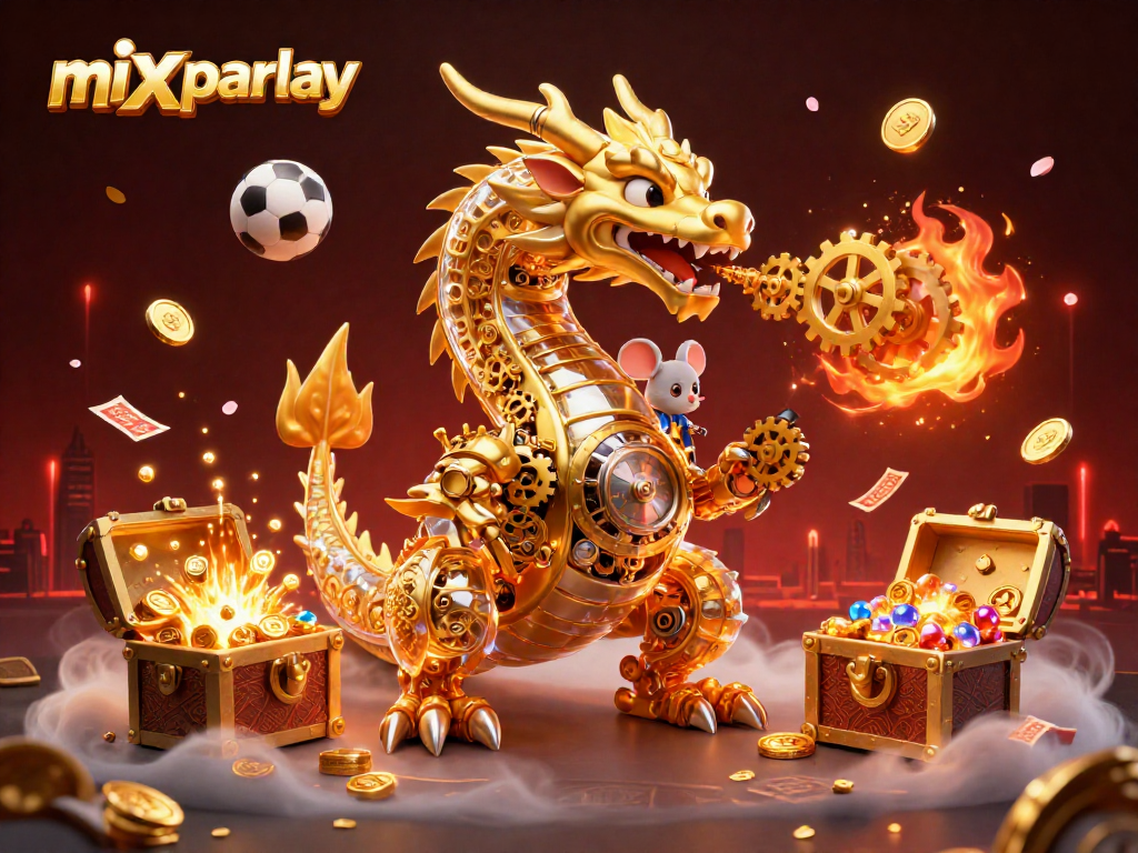 Engage in mix parlay betting with a vibrant dragon scene featuring sports symbolism.