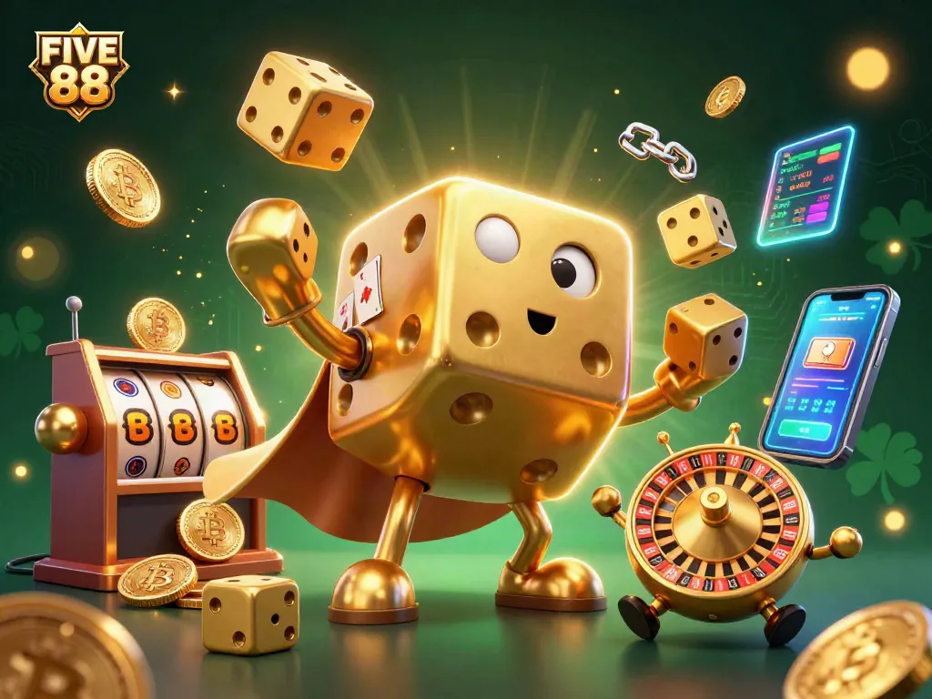 Experience the excitement of FIVE 88 at a vibrant online casino with a golden dice golem and rich game elements.