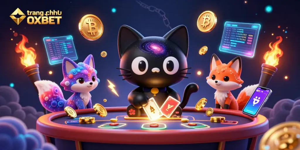 Engage in exciting gameplay at trang chủ OXBET, featuring dynamic 3D illustrations of casino action.