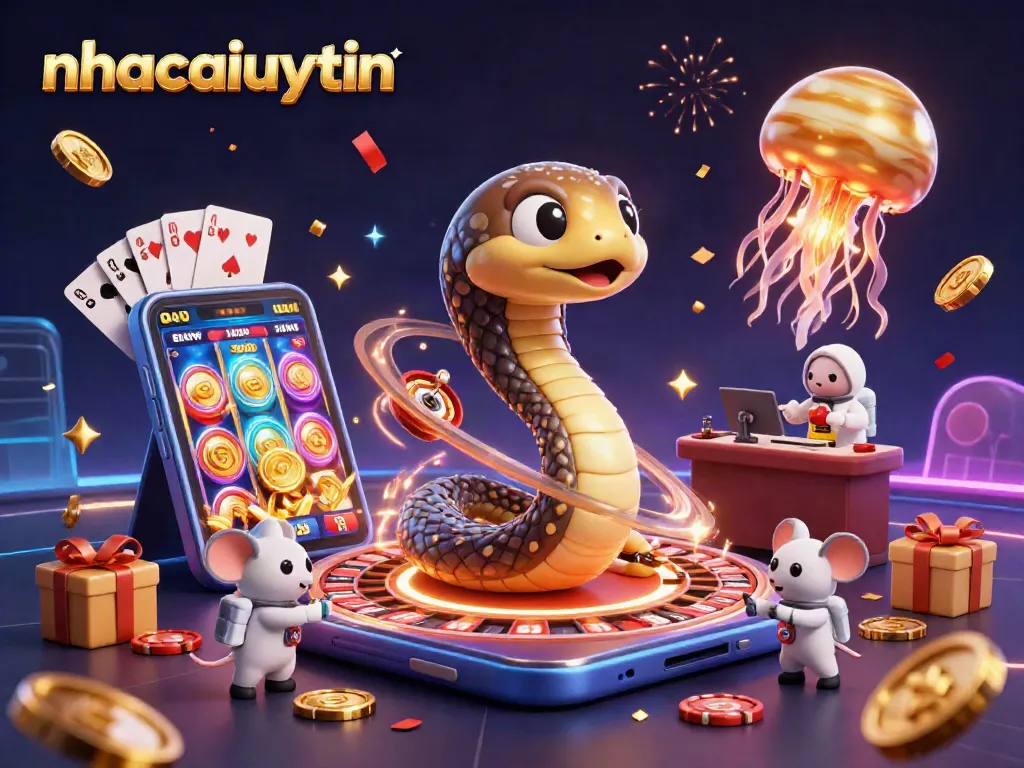 Engage with nhacaiuytin in a vibrant casino scene featuring a coiled Saturn snake and playful astronaut mice.