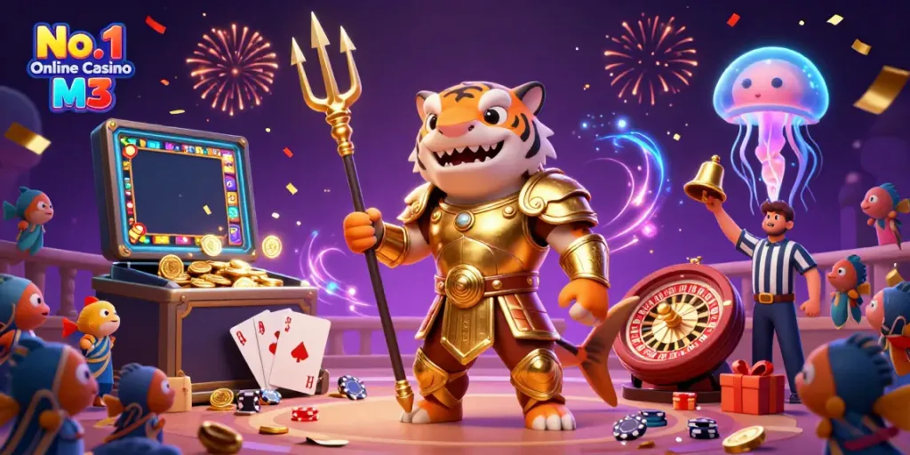 Experience the vibrant energy of No.1 Online Casino Malaysia M3 in this dynamic underwater scene featuring a golden gladiator shark and exciting casino elements.