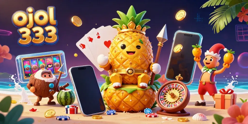 Experience thrilling moments with ojol 333 in this vibrant 3D casino scene featuring a pineapple king.