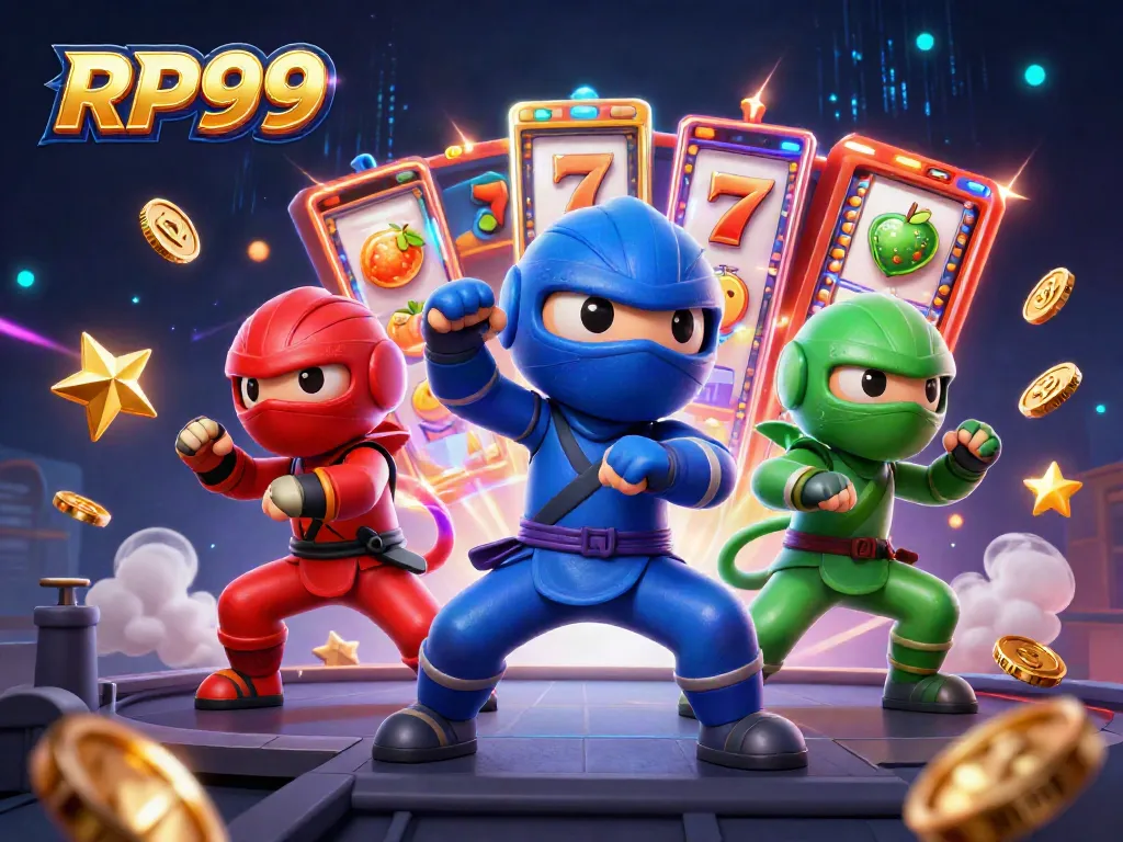 Experience RP99 with a dynamic slot-themed illustration showcasing ninja chameleons in action.
