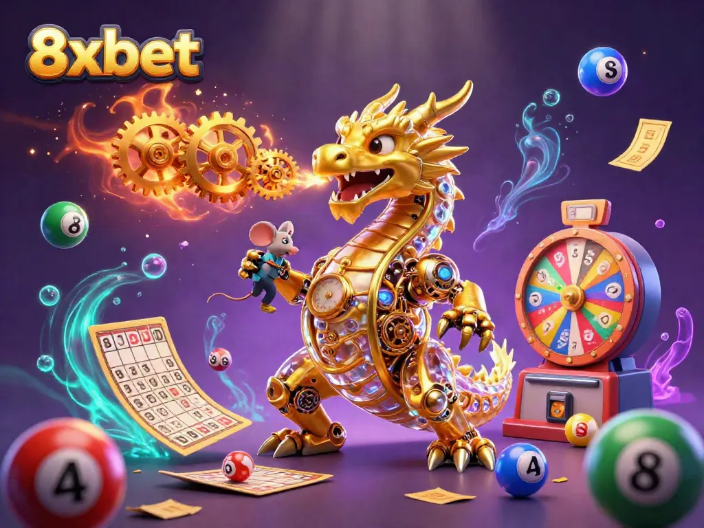 Experience the exhilarating world of 8xbet as a golden dragon unleashes the thrill of luck with lottery elements and vibrant colors.