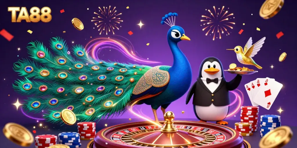 Experience excitement at TA88 with an extravagant peacock and golden chips in a vibrant casino scene.
