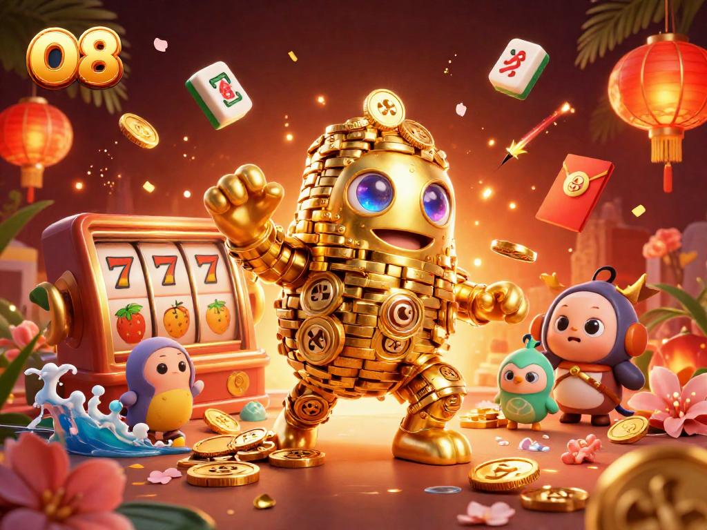 Experience thrilling slots at O8 with a vibrant 3D illustration showcasing exciting game elements.