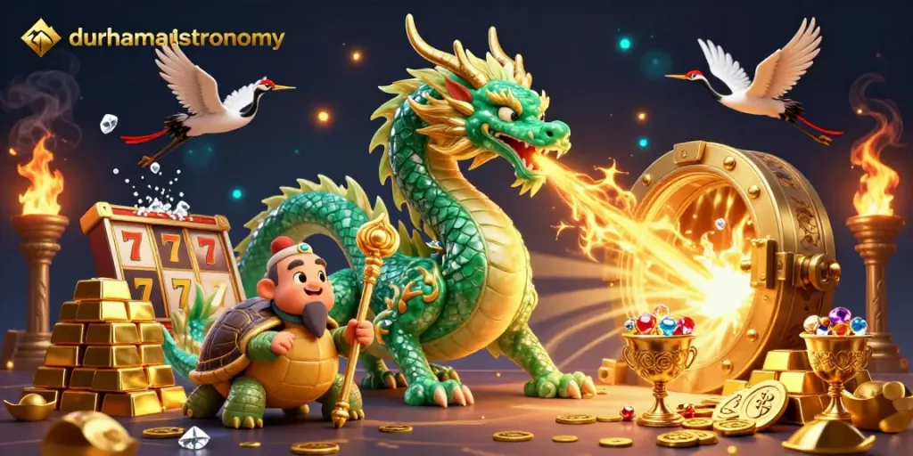 Engage in winning strategies with durhamastronomy's vibrant 3D casino scene filled with lucky symbols.