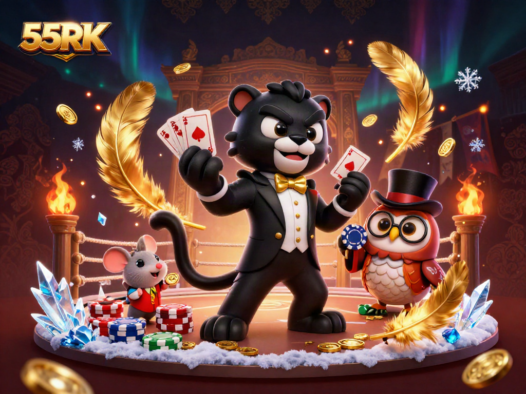 Engage with exciting gaming at 55RK as a stylish panther deals cards in a vibrant casino scene.