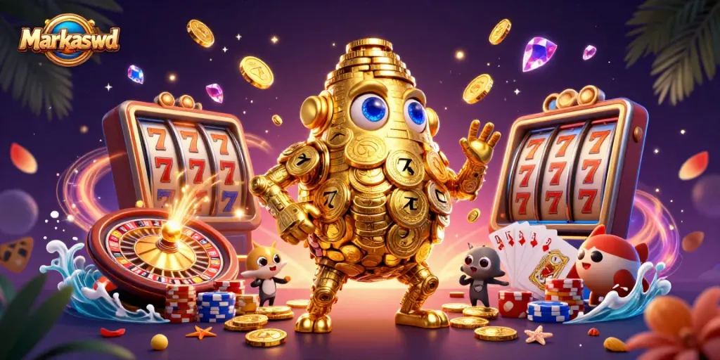 Win big with Markaswd as golden golems and riches fill a dynamic casino scene!