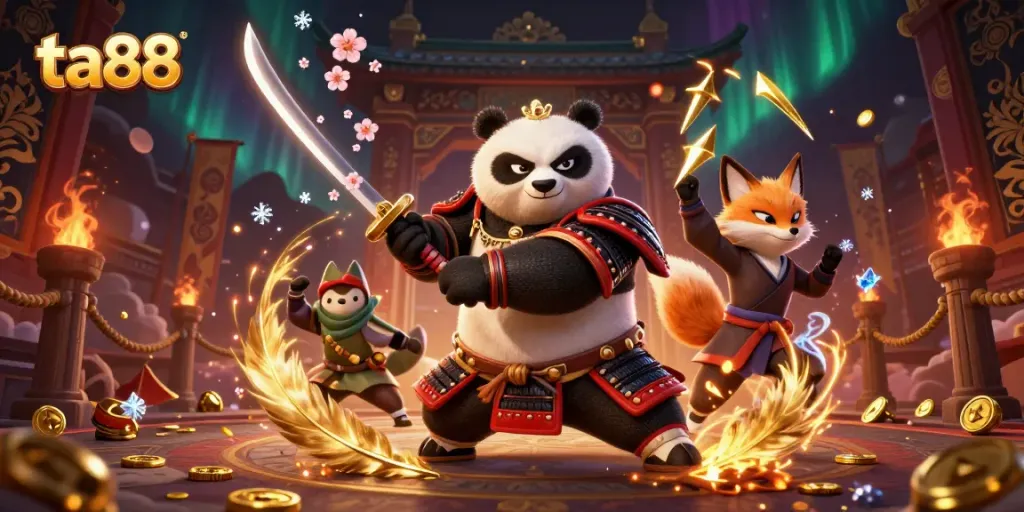 Engage in thrilling gaming at ta88 with a samurai panda, ninja fox, and magical tanuki in a vibrant casino-themed illustration.