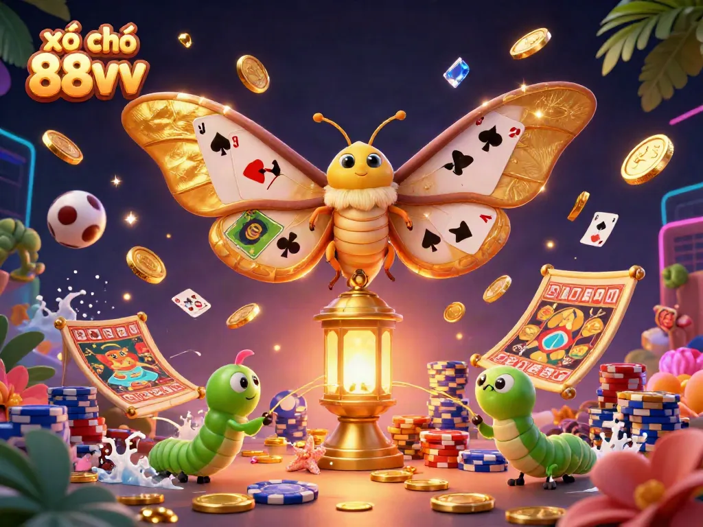 Engage with xổ số 88vv's dynamic lottery scene featuring a vibrant atlas moth and golden coins.