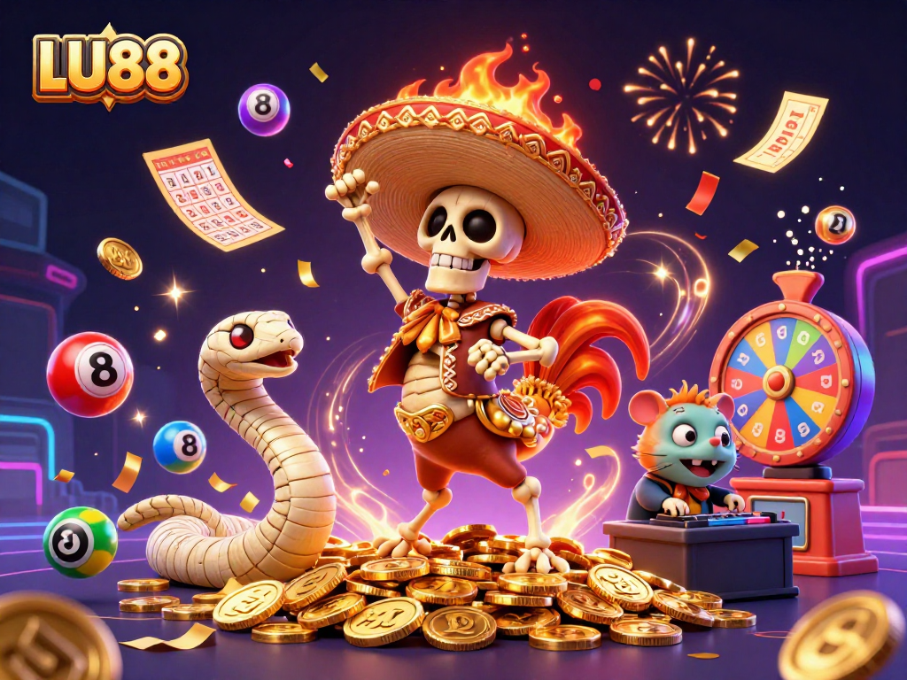 LU88's vibrant 3D illustration showcases a victorious mariachi rooster and lively gaming elements in action.