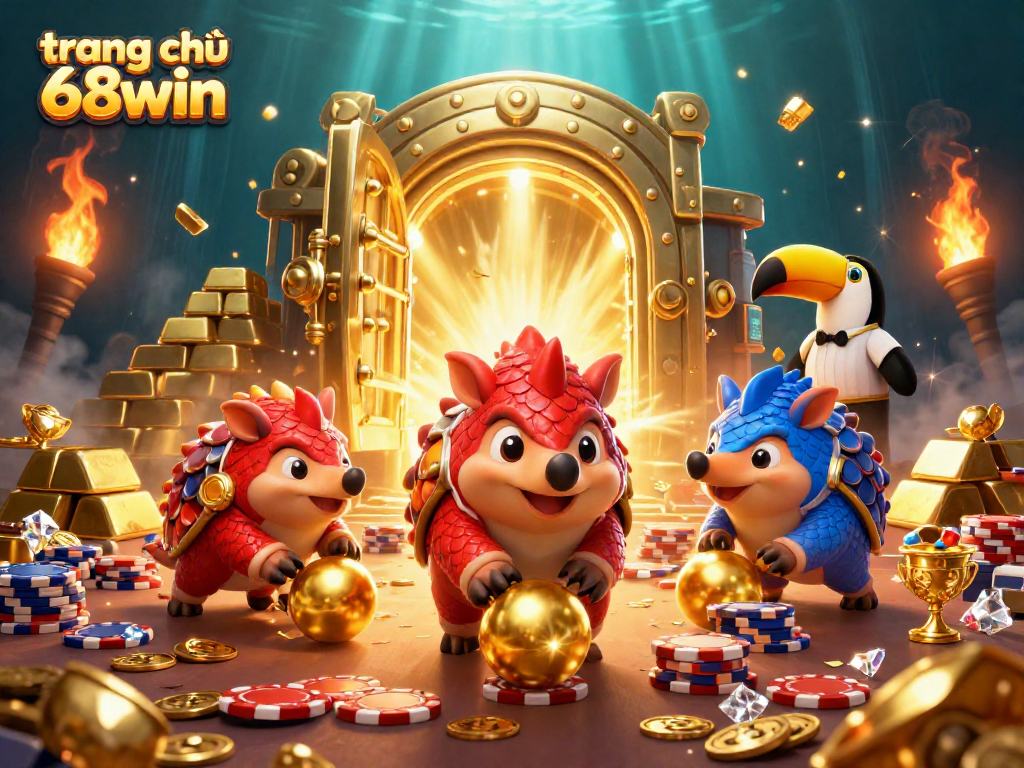 Compete at trang chủ 68win with 3D pangolins bowling through poker chips amid sparkling treasures.