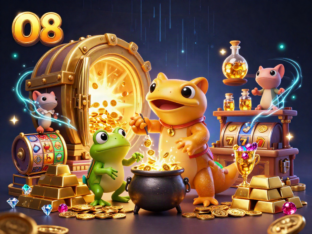 Engage in exciting games at O8, featuring golden treasures, slot reels, and vibrant characters.