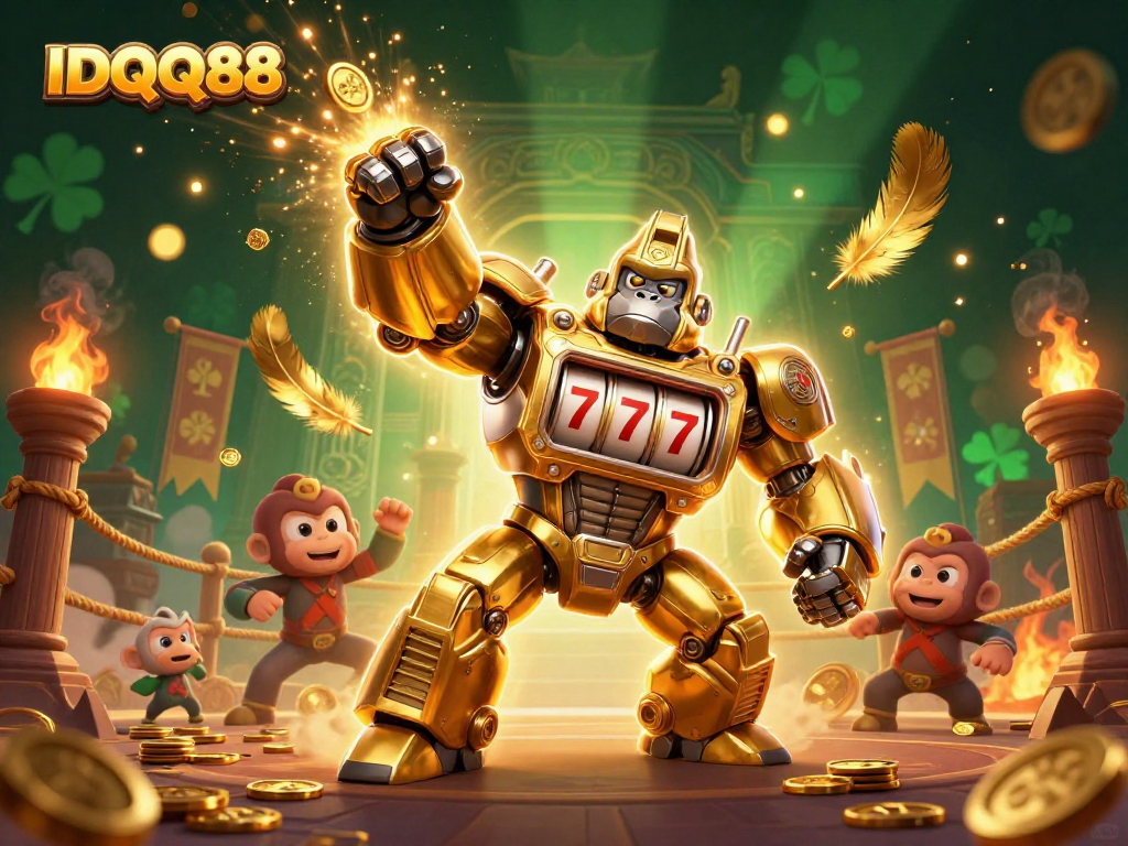 IDQQ88 showcases a dynamic 3D gorilla mech smashing coins in a vibrant gambling arena.