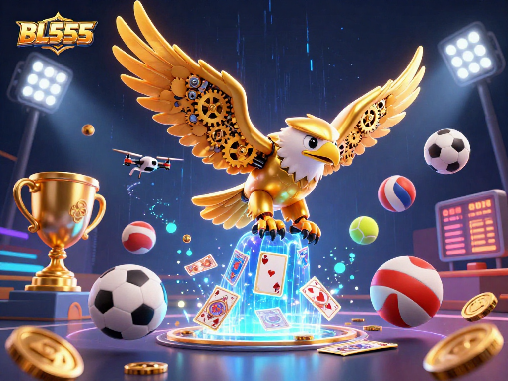 BL555 gamers dive into excitement with a dynamic 3D illustration of a cybernetic eagle among sports betting elements.