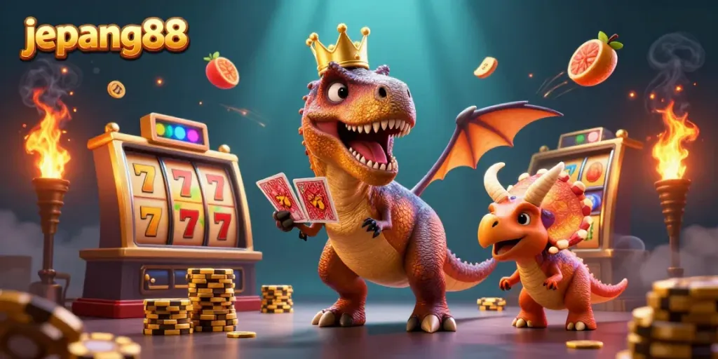 Join the fun at jepang88 with a cartoon T-Rex playing cards and a triceratops stacking chips.