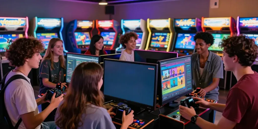 Friends enjoying a lively Yono Arcade gaming experience in a colorful arcade setting.