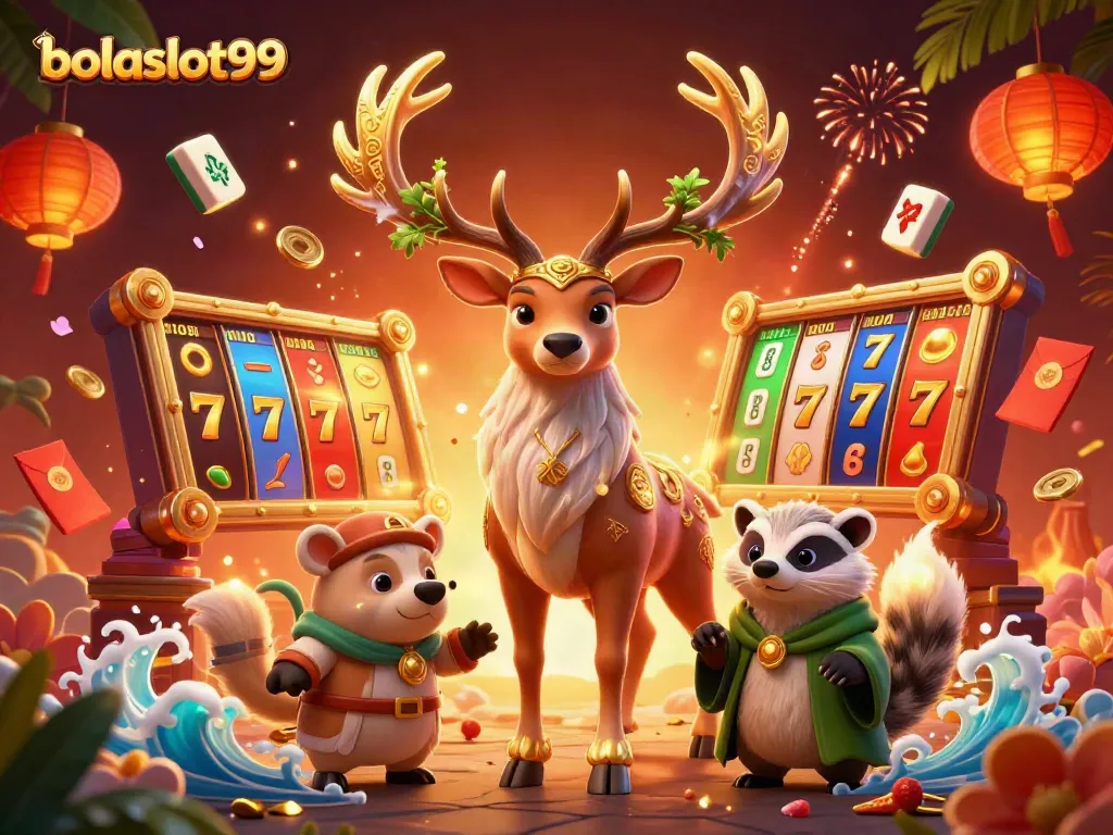 Bolaslot99 players spin slot reels featuring mythical creatures and vibrant symbols.