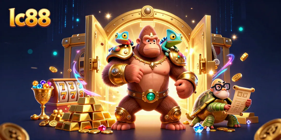 Experience thrilling gameplay with lc88, featuring a gorilla king, chameleon spy, and tortoise elder in a vibrant casino landscape.