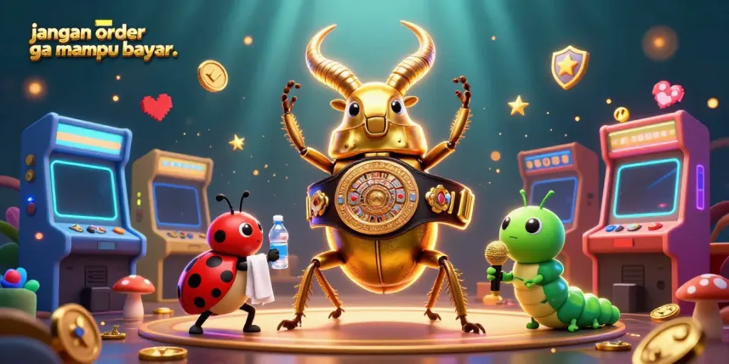 Experience the excitement of gambling with "jangan order kalo ga mampu bayar.." illustrated in a vibrant arcade scene featuring animated characters.
