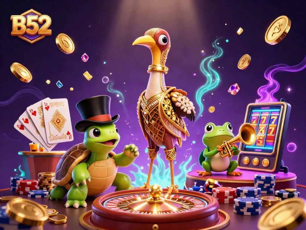 Engage in thrilling B52 casino games amidst vivid characters and dynamic elements.