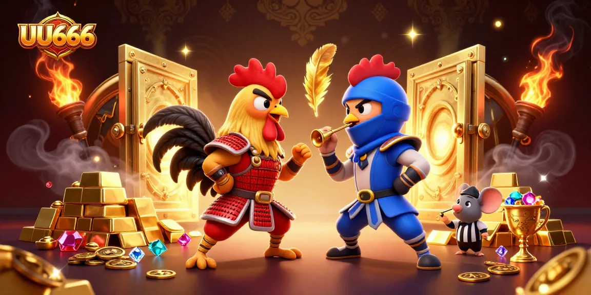 Experience the excitement of gambling with UU666 as cartoon roosters battle in a lively 3D casino scene.