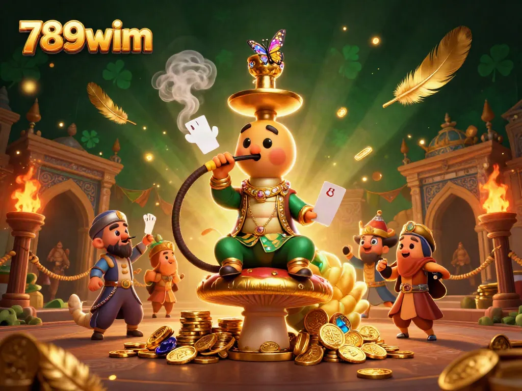 Experience the vibrant world of 789wim, where a whimsical hookah-master creates magical poker symbols in an enchanting casino scene.