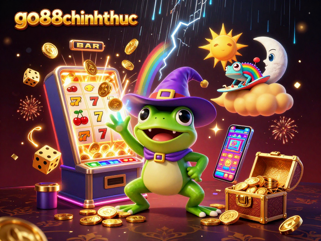Experience the magic of go88chinhthuc with a frog wizard, chameleon, and casino elements in a vibrant scene.