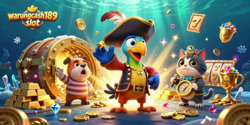 Activate your winning journey with warungcash189 slot and find treasures in a vibrant casino illustration.