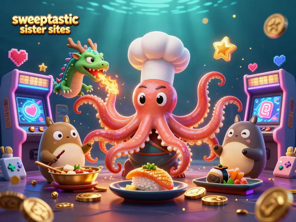 Engage with sweeptastic sister sites in this vibrant casino-themed 3D illustration.