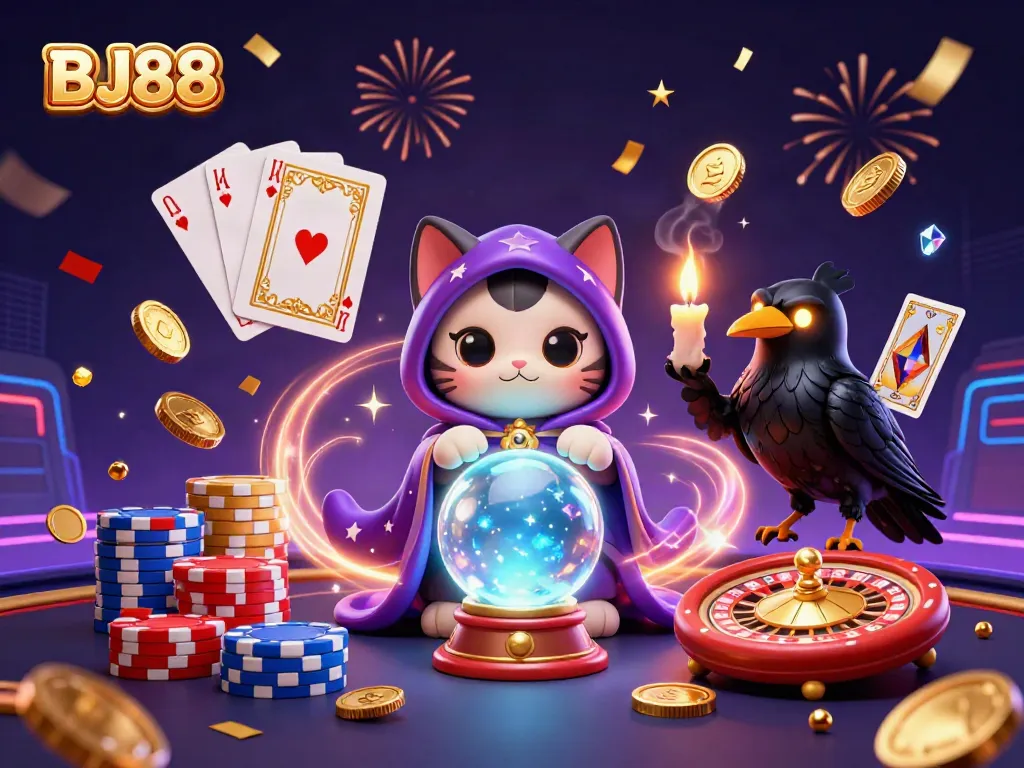 Experience the exciting world of BJ88 with captivating casino elements in a vibrant illustration.