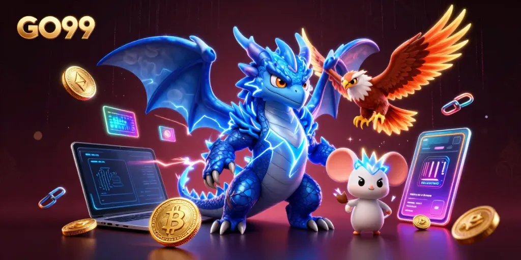 Experience thrilling gaming at GO99 with vibrant characters and dynamic casino elements.