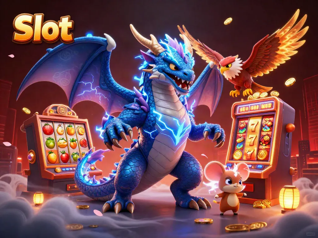 Engage with the Slot machine features surrounded by a thunder dragon and other mystical creatures.