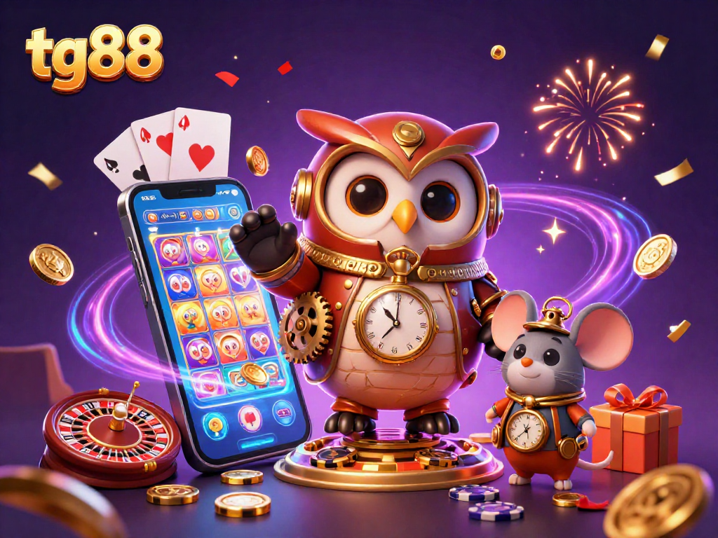 Experience tg88's thrilling gaming journey with an owl and mouse surrounded by dynamic casino elements.