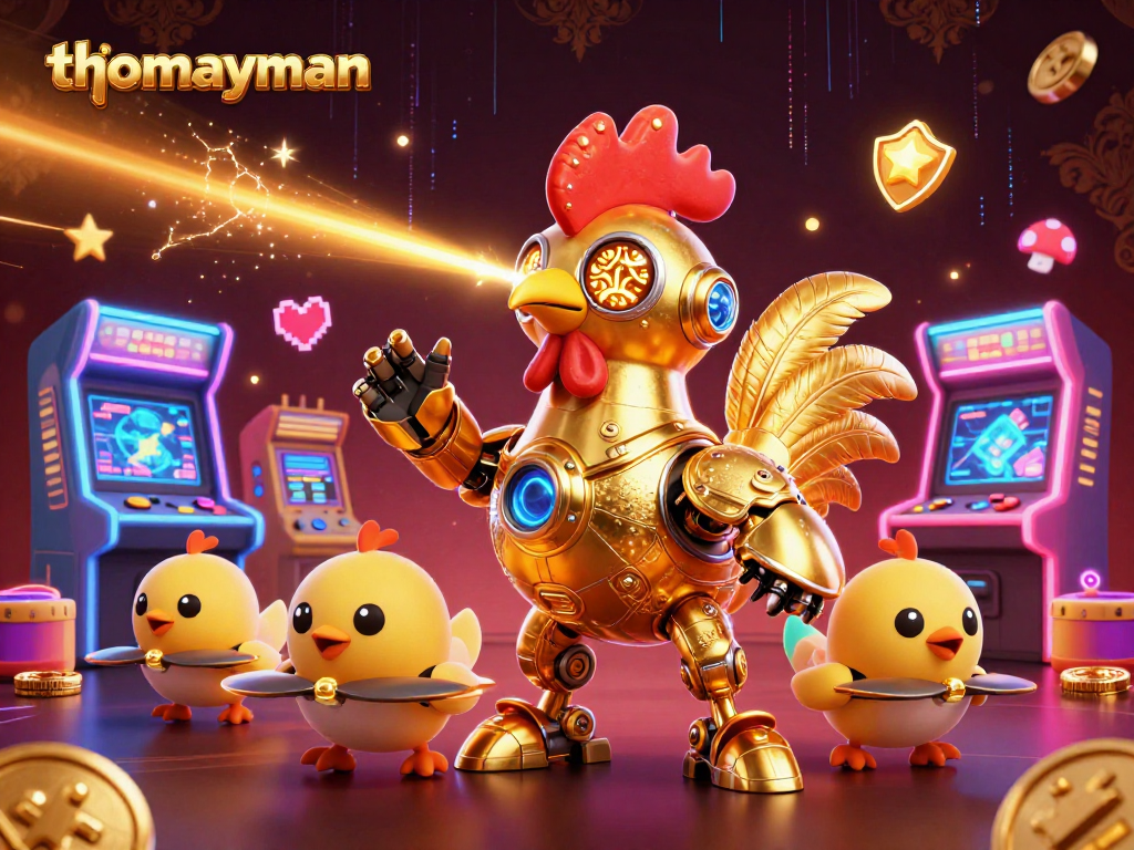 thomayman showcases a vibrant gaming scene with a golden rooster robot and baby chick drones amidst arcade machines.