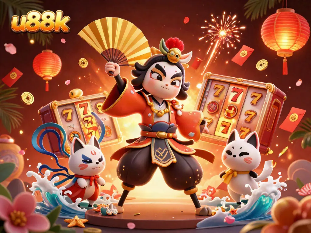 Experience thrilling jackpots with U88K in this vibrant 3D casino scene showcasing dynamic slot reels and festive decorations.
