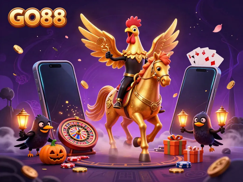 Experience thrills at GO88 with a golden rooster riding a spectral horse in a vibrant casino scene.