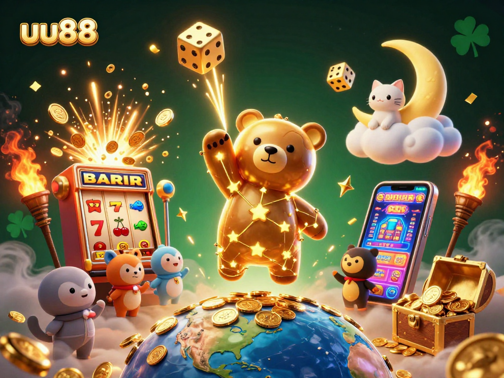 Play exciting games at uu88 as the constellation bear scoops coins from Earth amid a vibrant casino atmosphere.