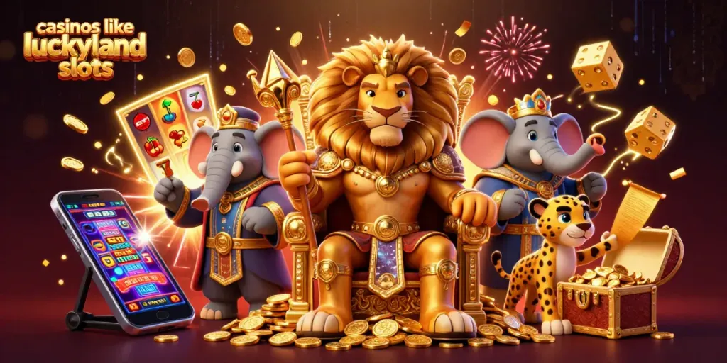 Discover features of casinos like luckyland slots in a vibrant throne scene with thrilling game elements.