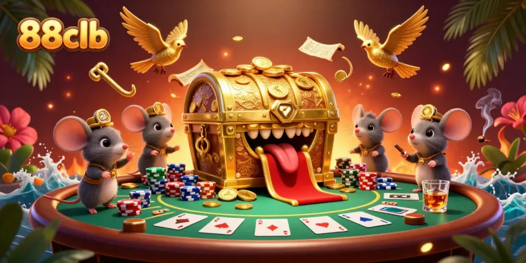 Experience exciting wins with 88clb, a vibrant casino scene featuring rich poker elements and themed treasure.