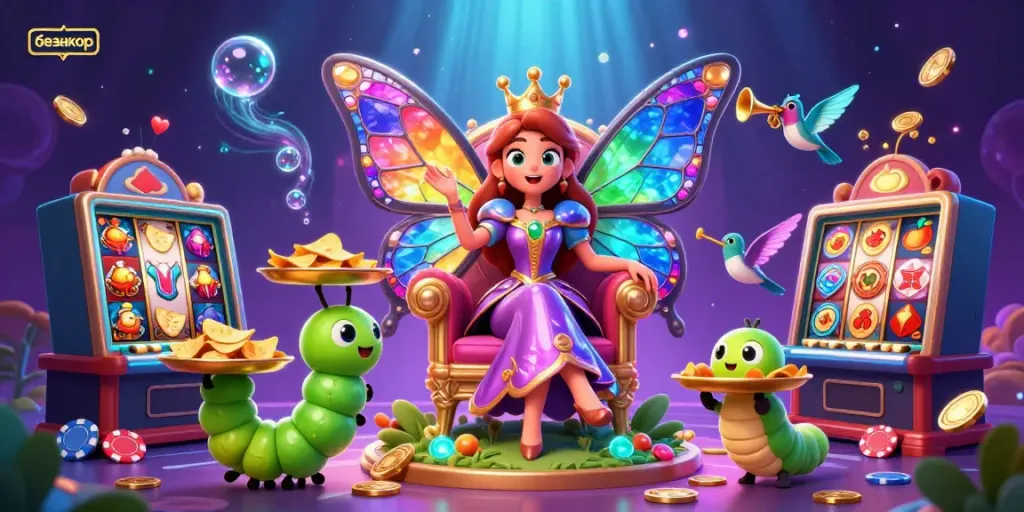 Experience безанкор in a vibrant 3D casino scene with a butterfly queen surrounded by gaming elements.