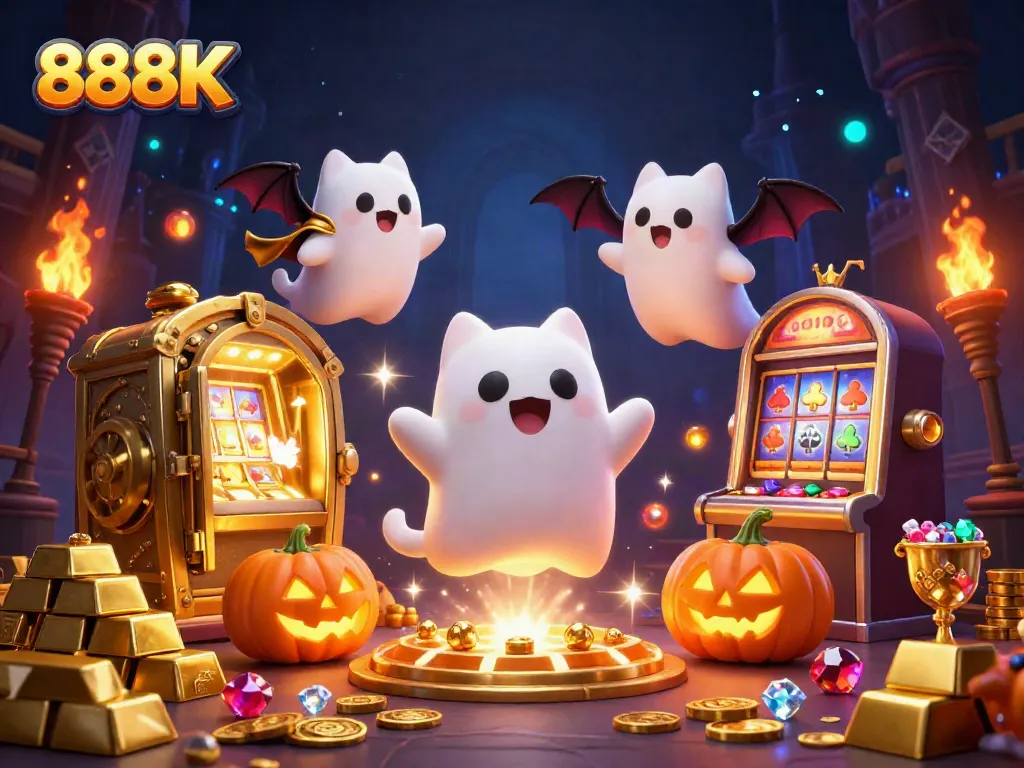 Engage with 888K's thrilling casino adventure showcasing a ghost cat and vampire bat among treasures